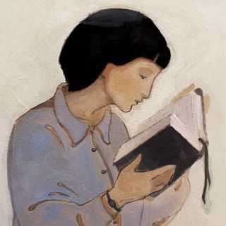 Illustration depicting a woman reading the scriptures.