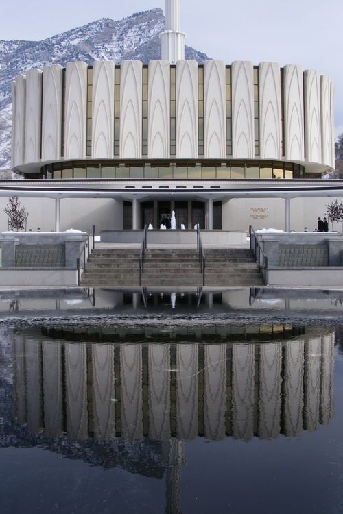 The reflecting pond in front of the Provo Utah Temple, with a partial reflection of the temple.