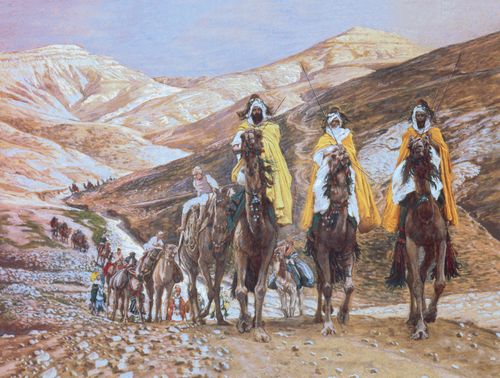 An illustration of the three Wise Men on camels going down a path in search of Jesus.