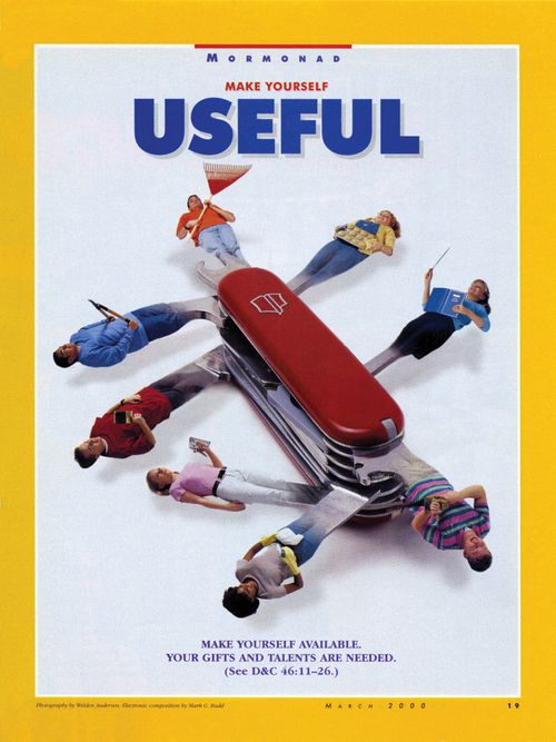 A conceptual photograph of some youth acting as tools on a Swiss army knife, paired with the words, “Make Yourself Useful.”