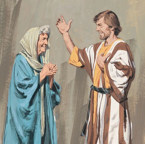 Sermon on the Mount - Jesus tells the people to spread the gospel and do good - a man teaching an older woman is depicted - ch.20-7