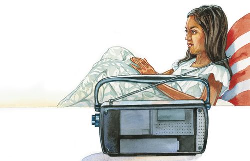 Illustration of young adult woman in bed.  There is a radio by her bed