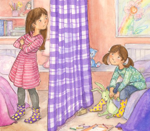 two sisters in bedroom with purple curtain hanging between them