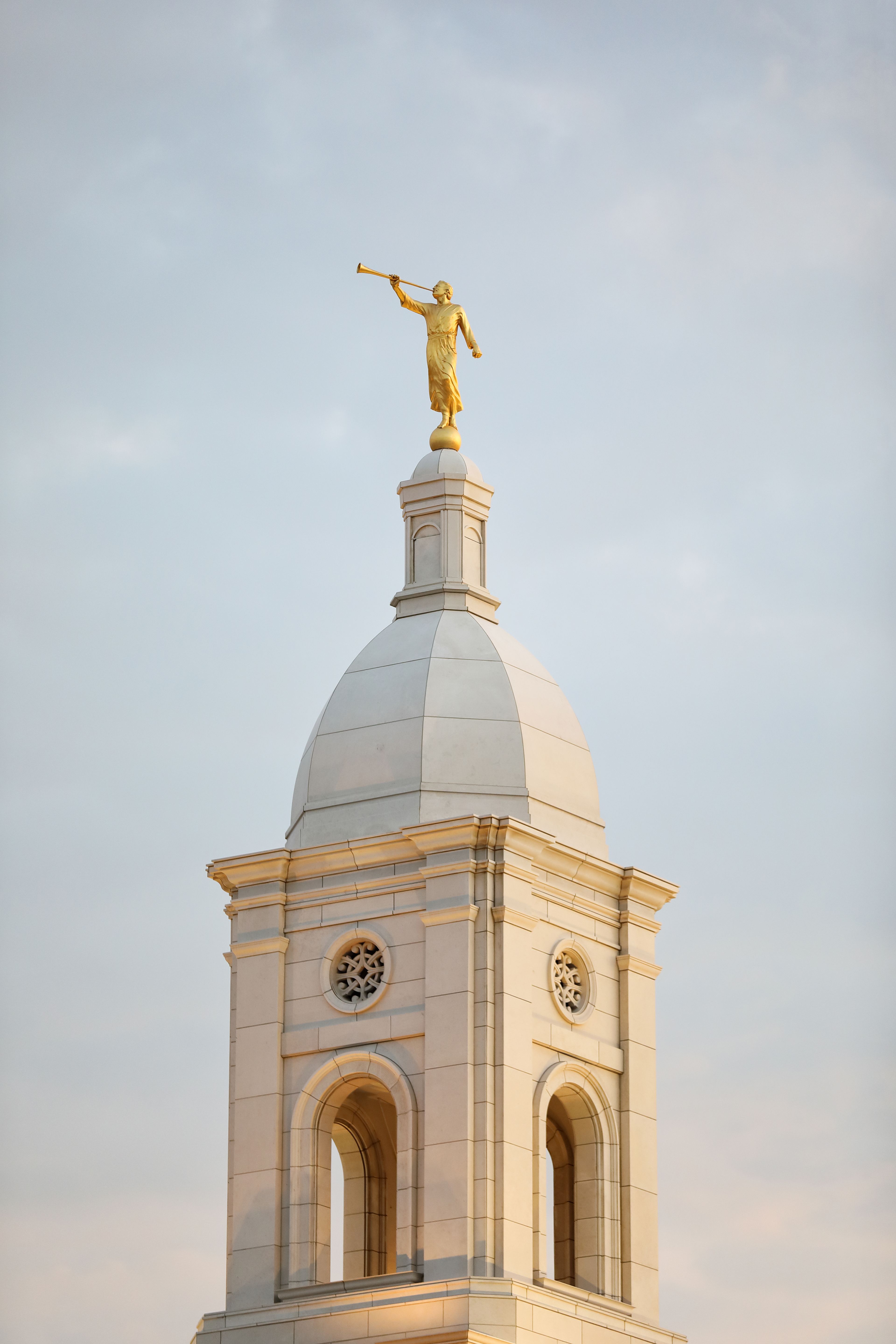 A close-up of the spire and the angel Moroni statue on the Barranquilla Colombia Temple.