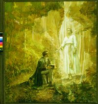 Joseph Smith kneeling on one knee and holding the gold plates as he looks up at the angel Moroni, who has appeared to him. Foreground and background depict plant and tree foliage.