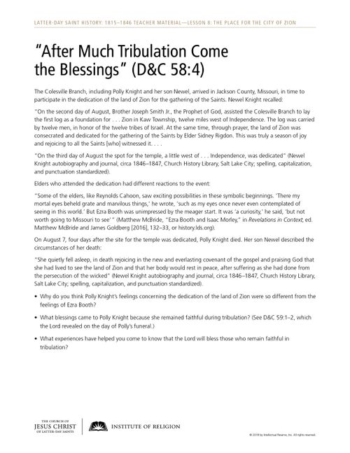 “After Much Tribulation Come the Blessings” (D&C 58:4) handout