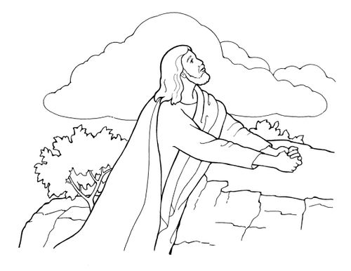 A black-and-white illustration of Jesus Christ kneeling near a rock and praying in the Garden of Gethsemane.