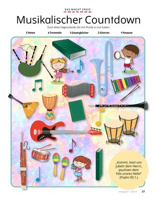 page with musical instruments scattered around