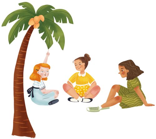 three girls sitting under palm tree