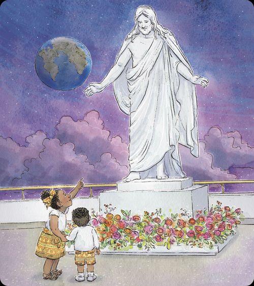 children looking at statue of Christ