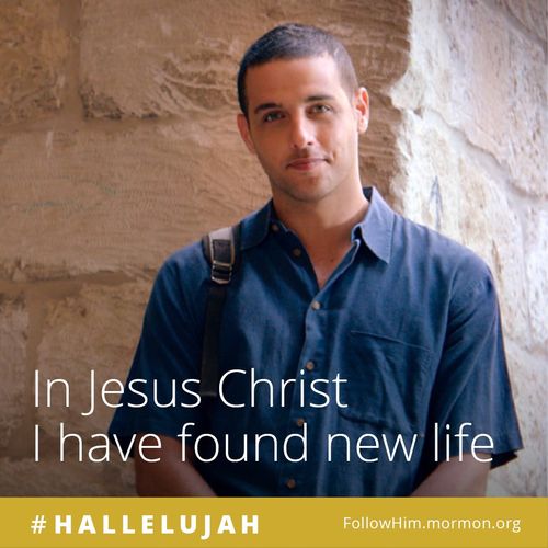 A young man standing by a stone wall, paired with the words “In Jesus Christ I have found new life.”