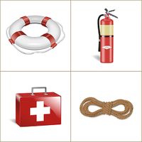 life ring, fire extinguisher, first aid kit, rope