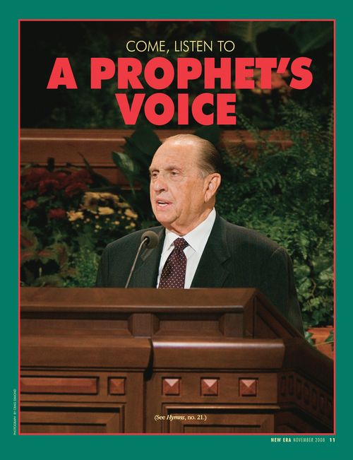 A poster of President Monson speaking in general conference, paired with the words “Come, Listen to a Prophet’s Voice."