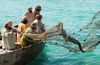 men casting fishing net into the sea