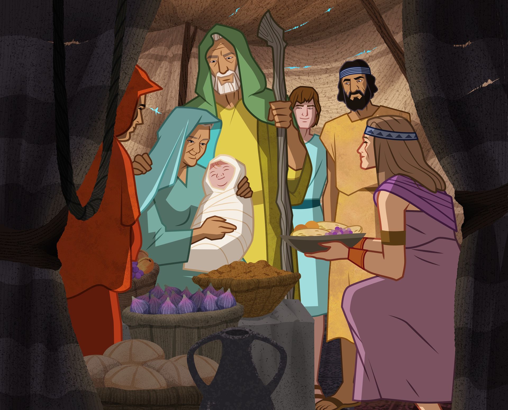 Illustrazione di Abrahamo, di Sara e di Isacco in fasce. 
Genesi 17:9; 21:1–3