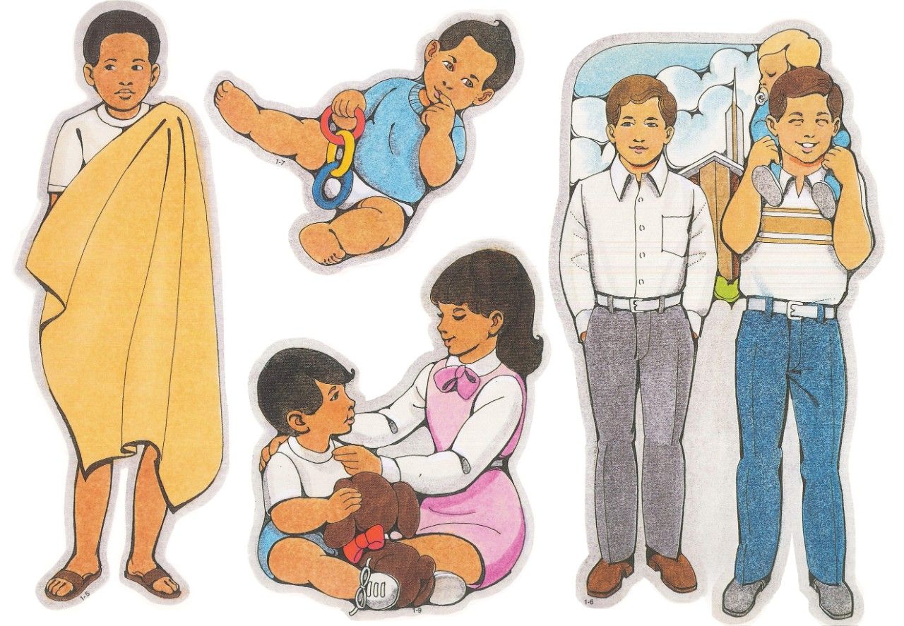 Primary Visual Aids: Cutouts 1-5, African Boy; 1-6, Two Older Boys and Child at Meetinghouse; 1-7, Year-Old Child, Toy with Colored Rings; 1-9, Girl Playing with Little Brother.