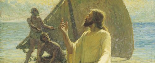 Christ with His arm raised calling Peter and Andrew from a small fishing boat with the sail raised.