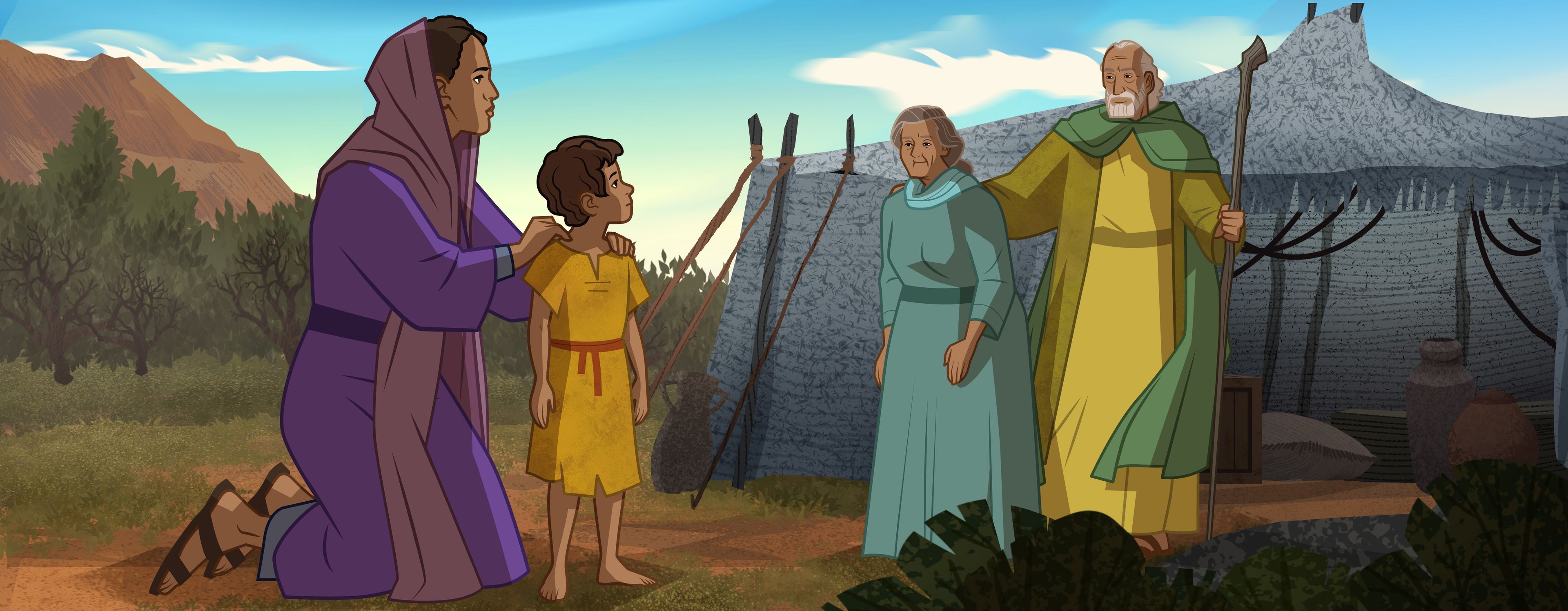 Illustration of Hagar and Ishmael with Abraham and Sarah. Genesis 16:11, 15