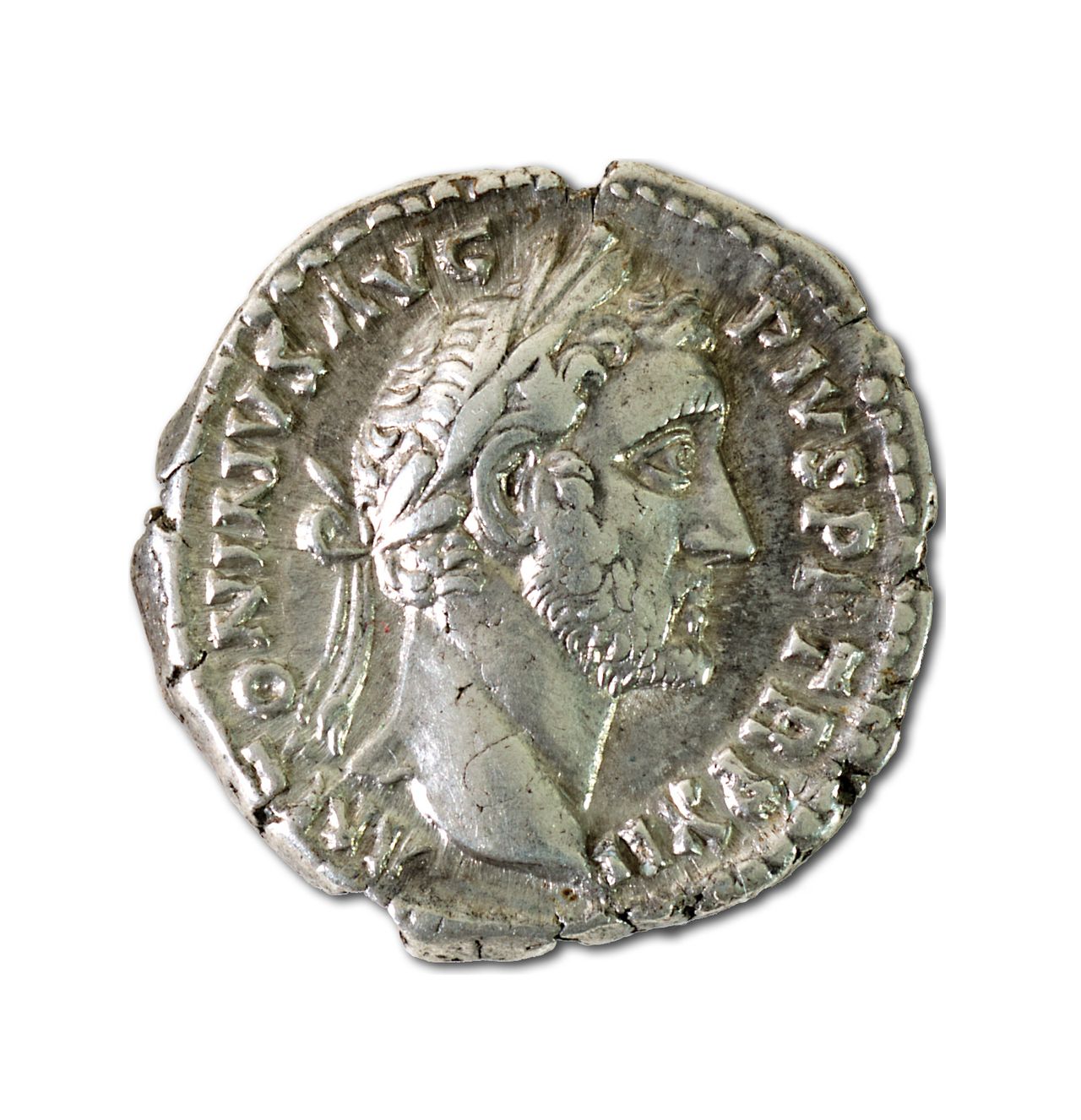 A small silver Roman coin.