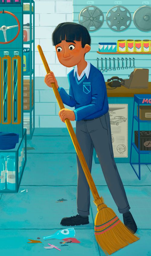 boy sweeping in shop