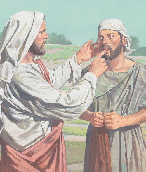 Jesus puts His fingers in the man's ears and on his tongue and blesses him - ch.31-2