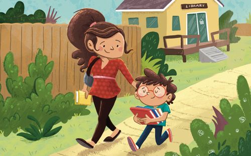 mom and boy walking home