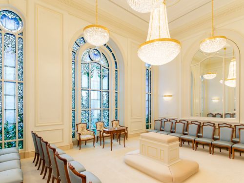Interior view of the Paris France Temple depicts the sealing room.