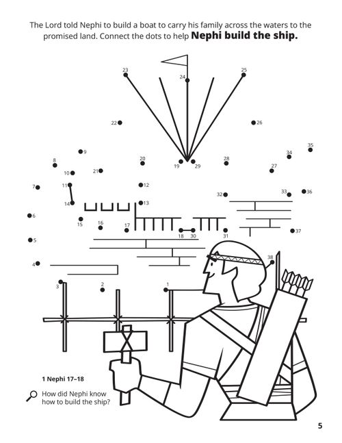 A line drawing of Nephi with a connect the dots activity revealing the ship that he built.