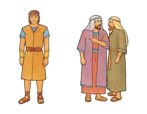 An illustration of the Book of Mormon characters Laman and Lemuel whispering and pointing at their brother Nephi, who is standing away from them.