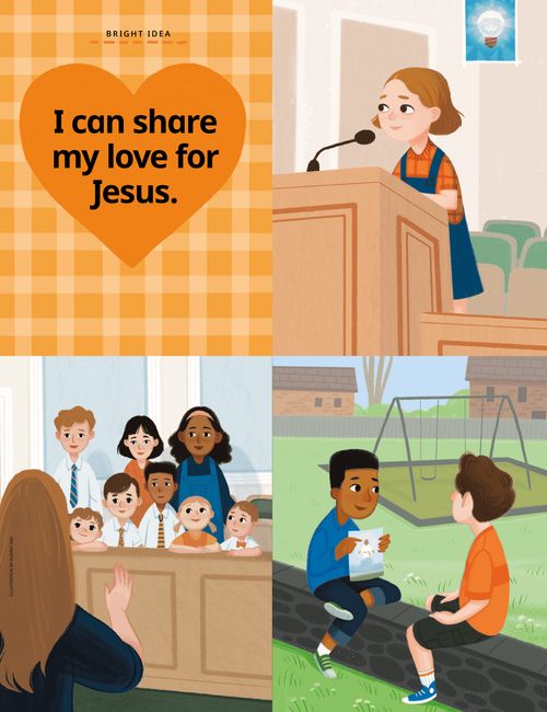 A girl speaking in church, a Primary singing, a boy telling a friend about Jesus