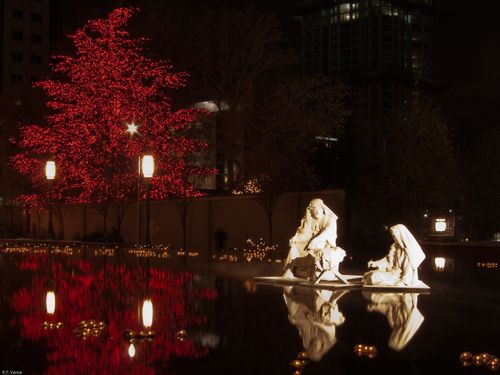 Statues of Joseph and Mary in the reflecting pool at the Main Street Plaza in Salt Lake City, with red Christmas lights on trees in the background.