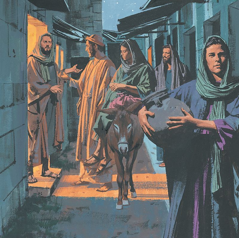 An illustration of Mary and Joseph looking for room in an inn.