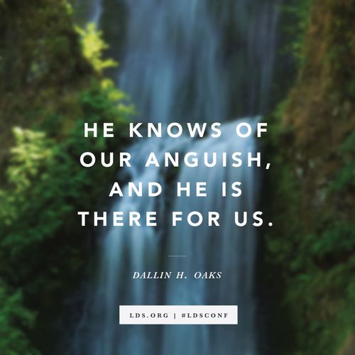 A photograph of a waterfall combined with a quote from Elder Dallin H. Oaks, “He knows of our anguish, and He is there for us.”