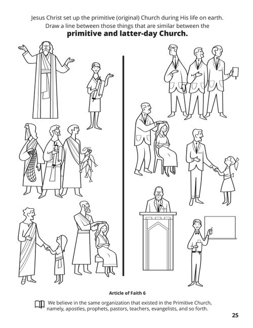 Line drawings depicting the primitive and latter-day Church with a matching game.
