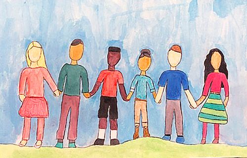 drawing of children with lots of different skin colors, holding hands