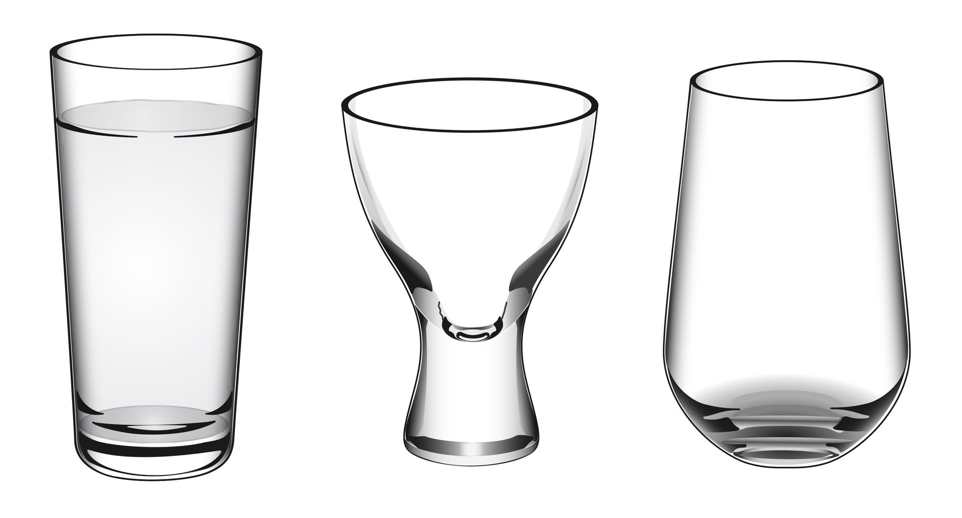 Water glasses of different shapes.