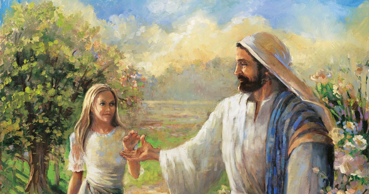 Jesus reaching out to a woman.