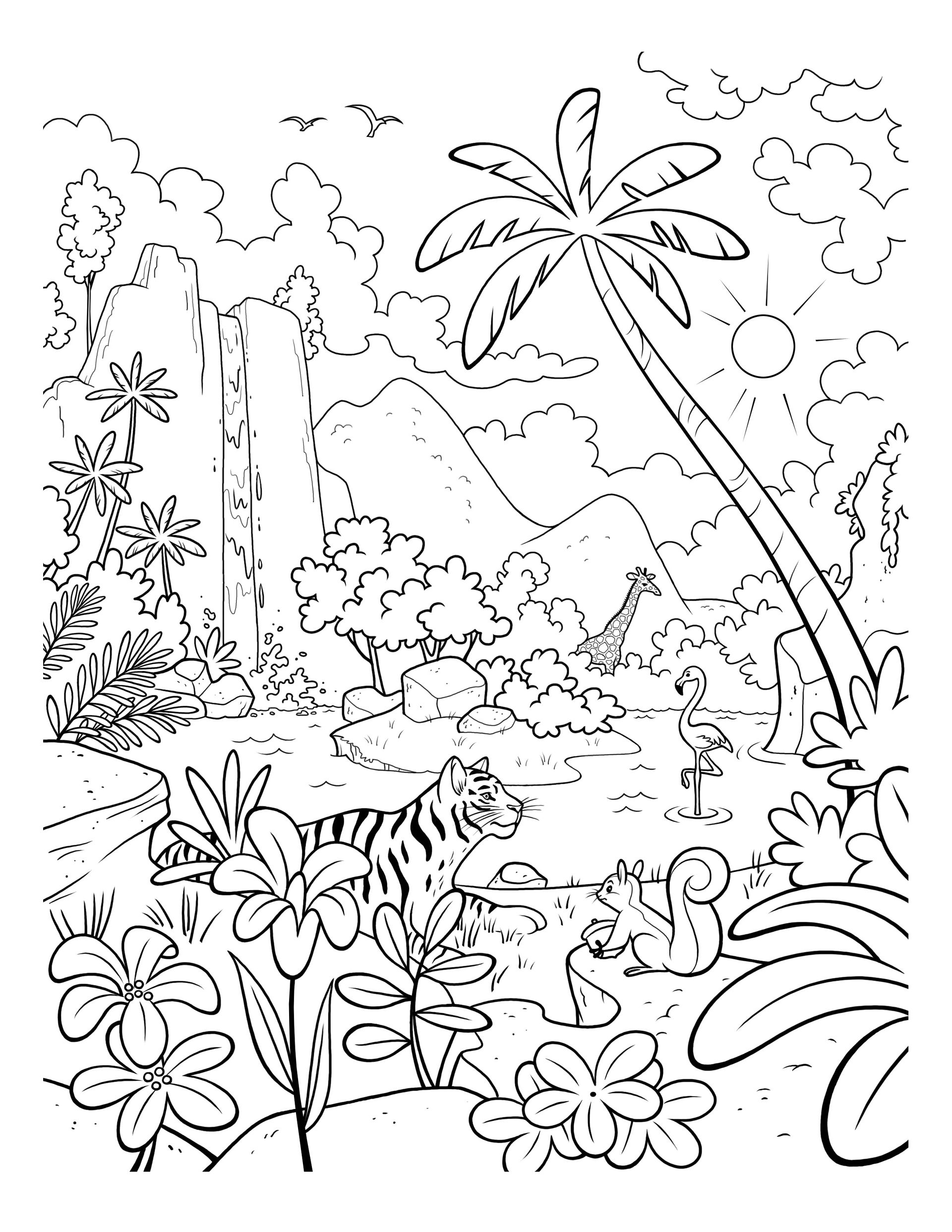 A jungle scene with a waterfall, palm trees, a giraffe, a flamingo, a tiger, and a squirrel.