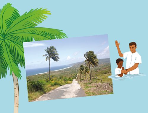 Photo of river with palm trees and illustration of a child being baptized