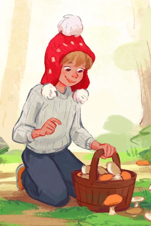 girl holding basket of mushrooms