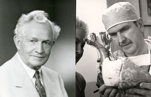 David O. McKay; Russell M. Nelson looking at model of heart