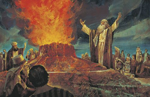The Old Testament prophet Elijah standing next to an altar. Elijah has his arms extended as he commands fire from heaven to consume the altar.