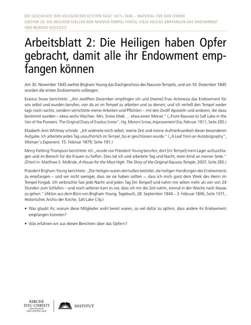 Arbeitsblatt 2: Die Heiligen haben Opfer gebracht, damit alle ihr Endowment empfangen können