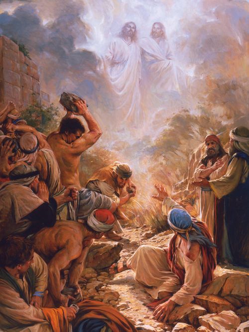 This painting depicts the stonong of Stephen as described in Acts 7:54-60. From a reclining position Stephen acknowledges through gesture the presence of the Father and the Son who stand in white at the top of the painting in the opened heavens. Those stoning Stephen do so with hatred and gross violence. Saul holds the garments of two of them. Two priests with indifferent looks stand to the right. The painting is signed, “Walter Rane.”