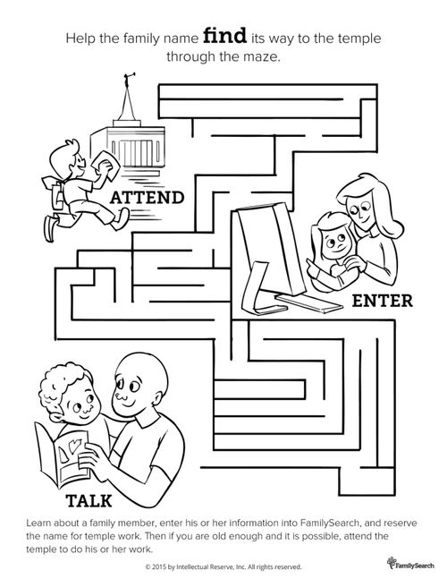 A black-and-white drawing of a maze including a mother and daughter working on a computer, a father and son looking at a book, and a boy running to the temple.