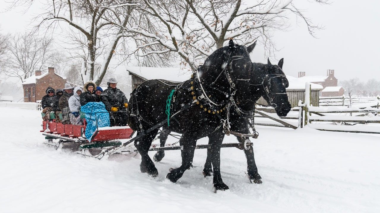 A sleigh full of people is drawn across a snowy landscape by two black horses.