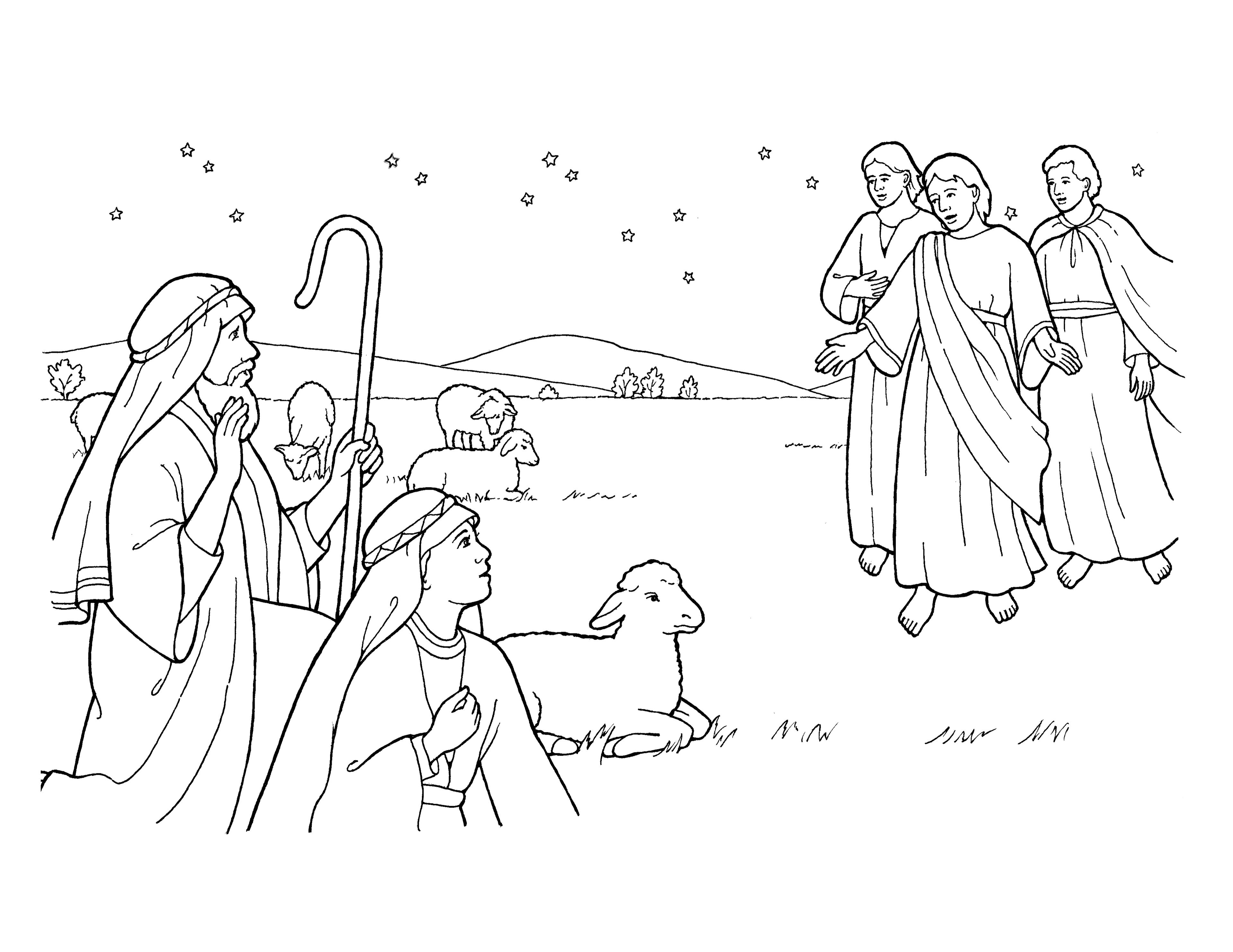 An illustration of the angels appearing to the Shepherds.
