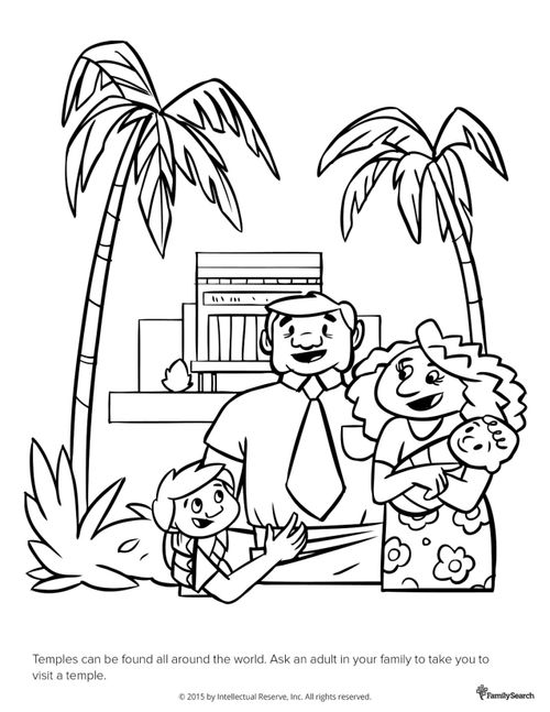 A black-and-white drawing of a father, mother, son, and baby standing outside of a temple with palm trees on each side.