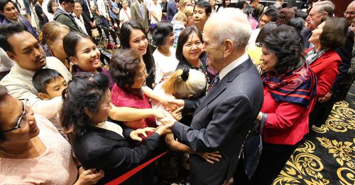 President Nelson, Sister Nelson, Sister Holland, and Elder Holland with Church members in Thailand