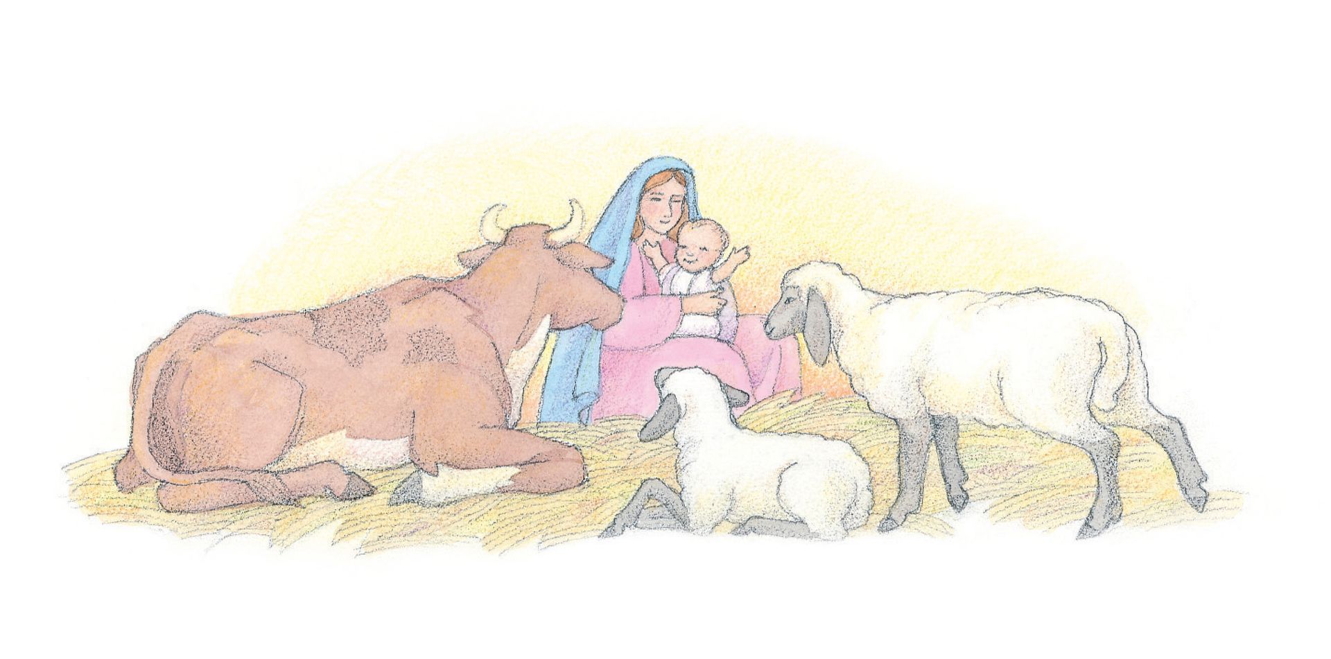 Mary and baby Jesus in the stable, surrounded by animals. From the Children’s Songbook, page 41, “Once within a Lowly Stable”; watercolor illustration by Phyllis Luch.
